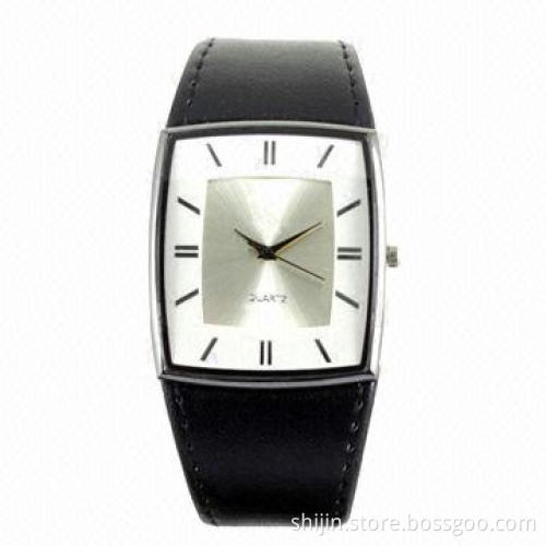 Ultra thin square case watch with genuine leather band, stainless steel